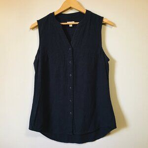 Weatherproof Navy Blue Linen Blend Sleeveless Button Down Top - S